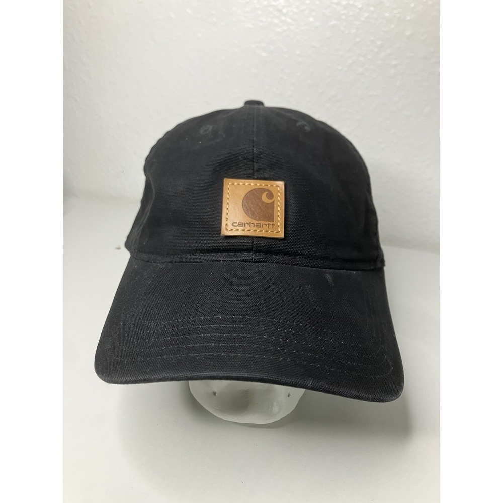 Carhartt Black Wash Cotton Canvas Leather Logo Strapback Adjustable Hat Workwear